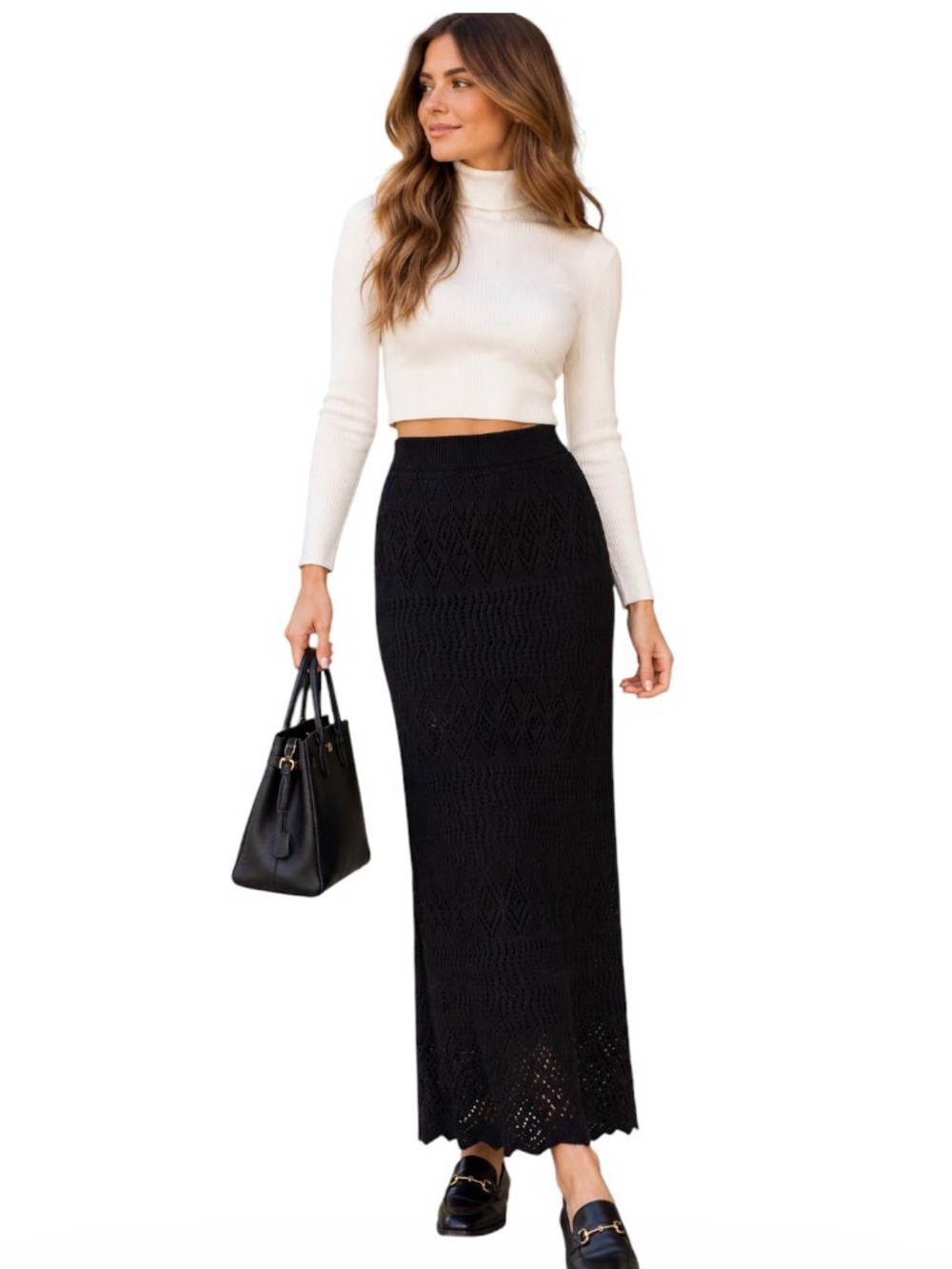 NWT Gap Black Knit Crochet Boho  Maxi Skirt Large Tall